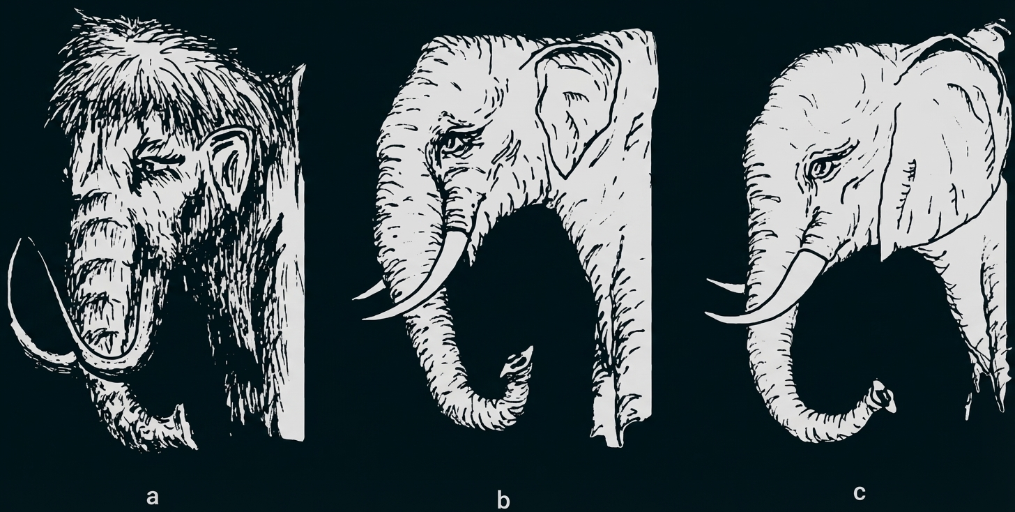Drei schwarz-weiß Skizzen: links mammutähnliches Tier, Mitte und rechts zwei Elefantenköpfe.
